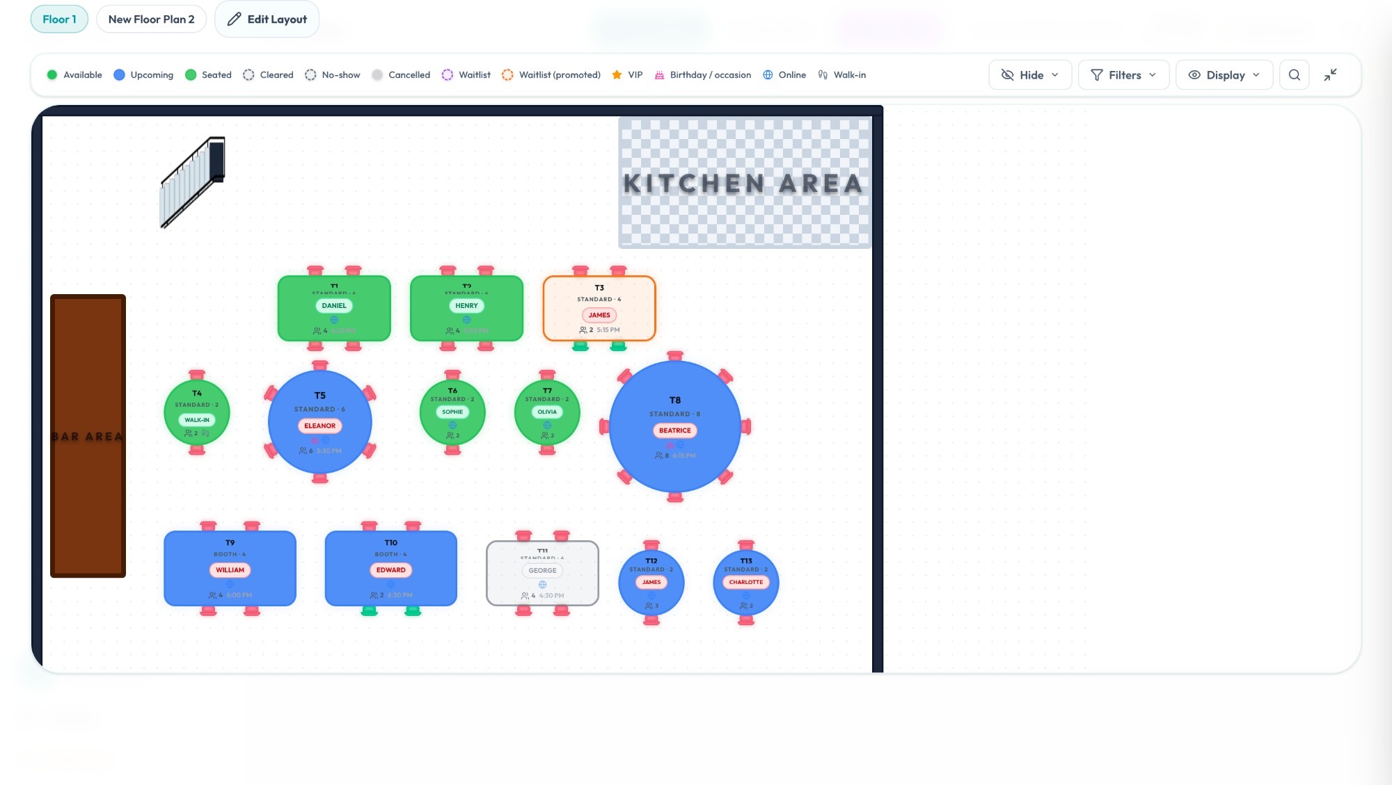 ResoFlow floor plan view showing 13 tables, a kitchen area, a bar and a staircase, with live colour-coded statuses
